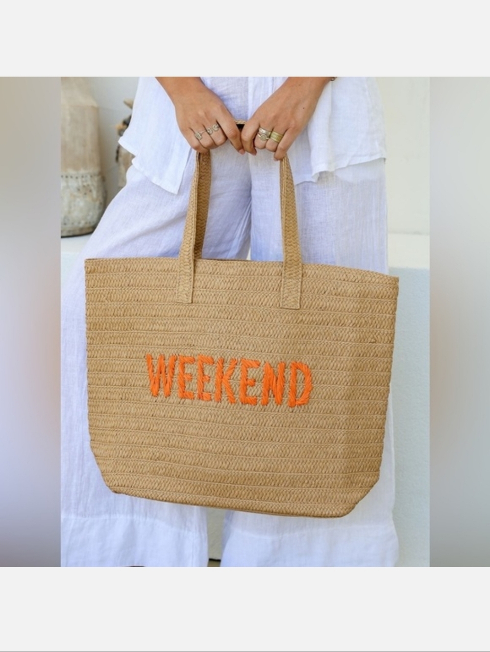 Weekend Straw Oversized 24in Tote Bag with Orange Embroidery